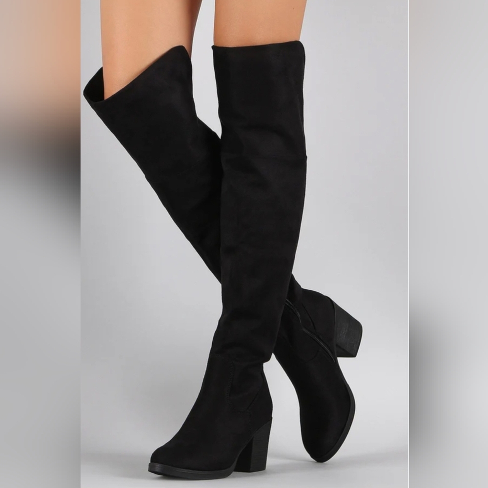 🥾 Black Knee High Tall Suede Boots Bamboo Chunky Block Heels Size 7 1/2